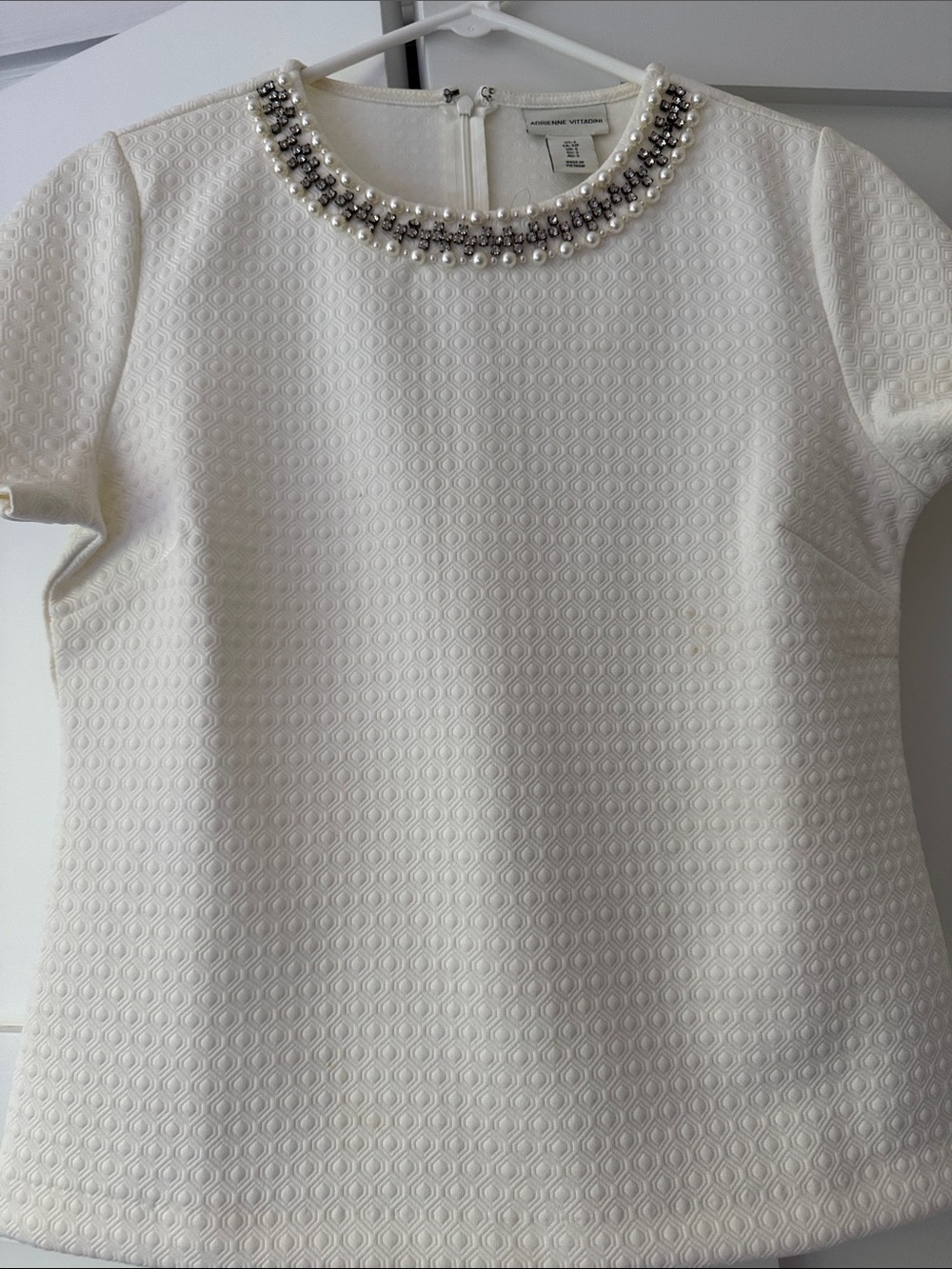 Adrienne Vittadini Cream Beaded-Neck Short Sleeve Top